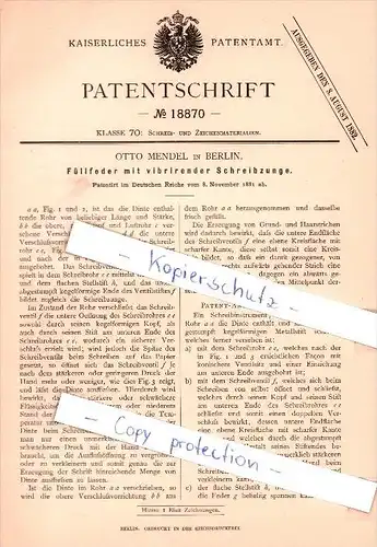 Original Patent - Otto Mendel in Berlin , 1881 , Füllfeder mit Schreibzunge , Federhalter , Feder !!!