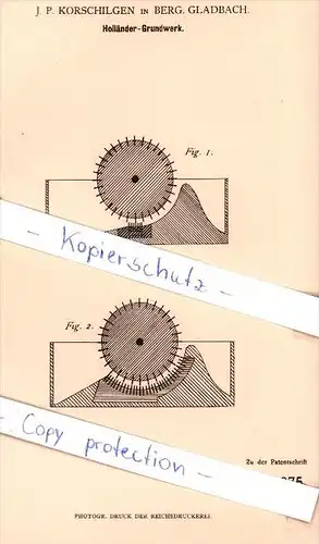 Original Patent - J. P. Korschilgen in Berg. Gladbach , 1881 , Holländer-Grundwerk !!!