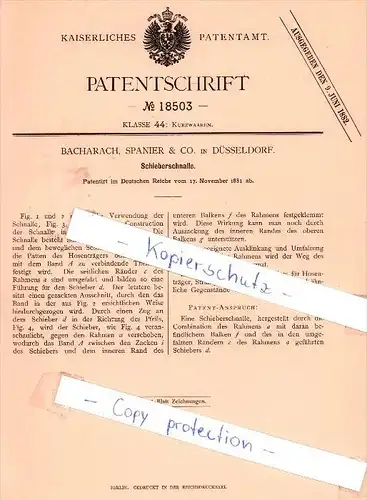 Original Patent - Bacharach, Spanier & Co. in Düsseldorf , 1881 , Schieberschnalle !!!