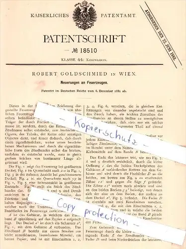 Original Patent - Robert Goldschmied in Wien , 1881 , Neuerungen an Feuerzeugen !!!
