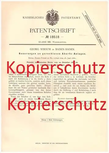 Original Patent - G. Wirsum in Baden-Baden , 1881 ,  Neuerungen an geruchlosen Aborts-Anlagen !!!