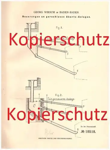 Original Patent - G. Wirsum in Baden-Baden , 1881 ,  Neuerungen an geruchlosen Aborts-Anlagen !!!