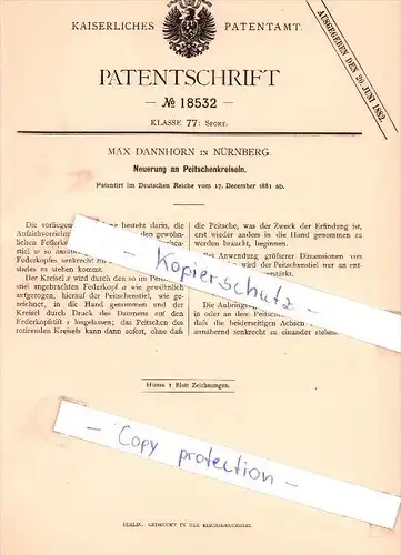 Original Patent - Max Dannhorn in Nürnberg , 1881 , Neuerung an Peitschenkreiseln , Sport !!!