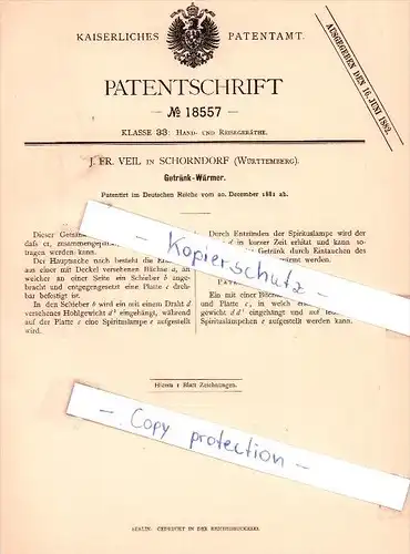 Original Patent - J. Fr. Veil in Schorndorf , Württemberg , 1881 , Getränk-Wärmer !!!