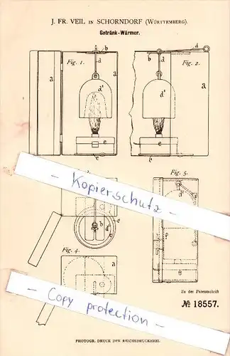 Original Patent - J. Fr. Veil in Schorndorf , Württemberg , 1881 , Getränk-Wärmer !!!