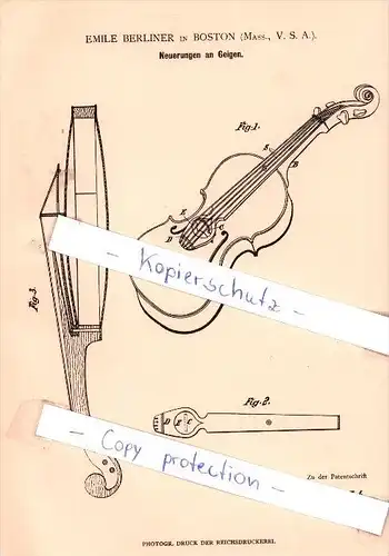 Original Patent - Emile Berliner in Boston , Mass., USA , 1881 , Neuerungen an Geigen , Geige , Violine !!!