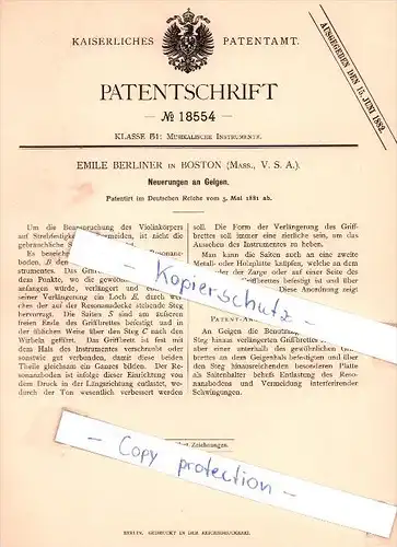 Original Patent - Emile Berliner in Boston , Mass., USA , 1881 , Neuerungen an Geigen , Geige , Violine !!!