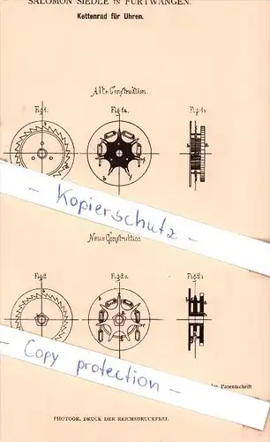 Original Patent - Salomon Siedle in Furtwangen , 1882 , Kettenrad für Uhren !!!