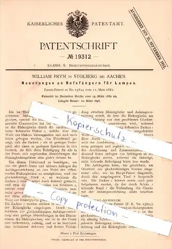 Original Patent - William Prym in Stolberg bei Aachen , 1882 , Rußfänger für Lampen !!!