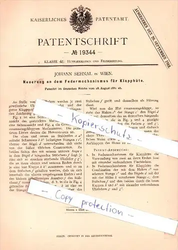 Original Patent - J. Sehnal in Wien , 1881 , Federmechanismus für Klapphüte !!!