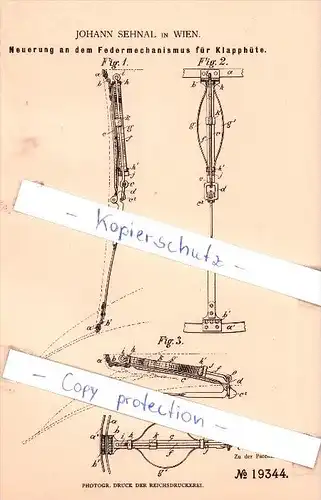 Original Patent - J. Sehnal in Wien , 1881 , Federmechanismus für Klapphüte !!!