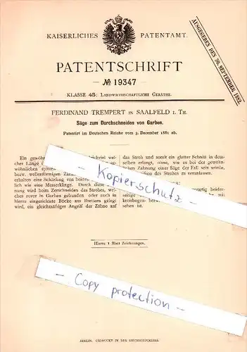Original Patent - F. Trempert in Saalfeld i. Th. , 1881 , Säge zum Durchschneiden von Garben !!!