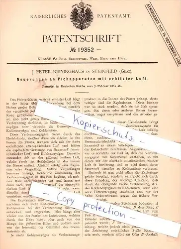 Original Patent - J. Peter Reininghaus in Steinfeld , Graz , 1882 , Neuerungen an Pichapparaten !!!