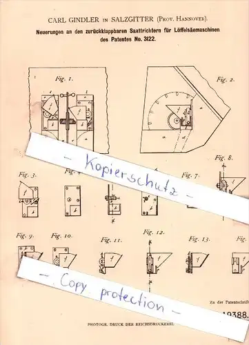 Original Patent - C. Gindler in Salzgitter , Prov. Hannover , 1881 , Neuerungen an Saattrichtern !!!