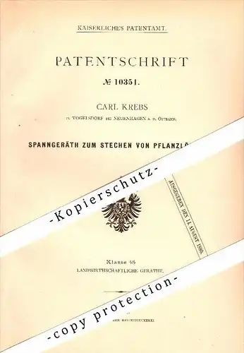 Original Patent - C. Krebs in Vogelsdorf b. Neuenhagen a.d. Ostbahn , 1880 , Stechen von Pflanzlöchern , Fredersdorf !!!
