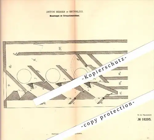 Original Patent - Anton Besser in Brünnlitz / Brnenec , 1881 , Gries-Putzmaschine , Landwirtschaft , Agrar !!!