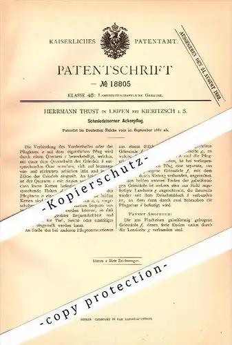 Original Patent - Hermann Thust in Leipen b. Kieritzsch , 1881 , Ackerpflug , Landwirtschaft , Agrar , Neukieritzsch !!!