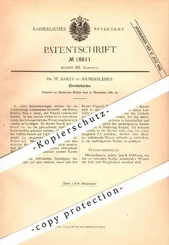 Original Patent - Dr. W. Bartz in Hamersleben / Am Großen Bruch , 1881 , Elevatorkasten , Erz , Kohle !!!