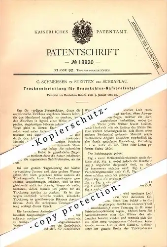Original Patent - C. Schmeisser in Stedten b. Schraplau , 1882 , Trockenapparat für Braunkohle , Tagebau !!!