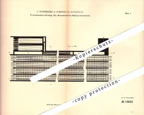 Original Patent - C. Schmeisser in Stedten b. Schraplau , 1882 , Trockenapparat für Braunkohle , Tagebau !!!