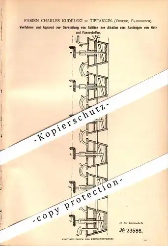 Original Patent - F.C. Kudelski à Tiffauges / Vendée , 1882 , Appareil pour Lessives résiduaires de bois !!!