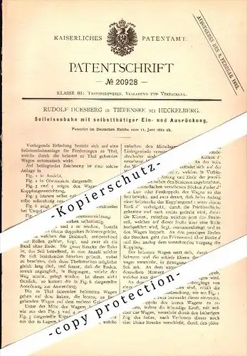 Original Patent - Rudolf Düesberg in Tiefensee b. Heckelberg , 1882 , Seil-Eisenbahn , Falkenberg , Werneuchen !!!