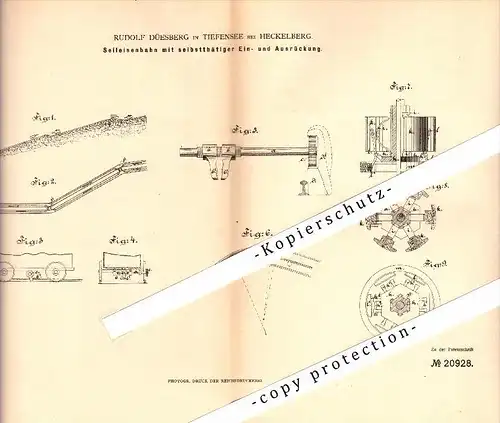 Original Patent - Rudolf Düesberg in Tiefensee b. Heckelberg , 1882 , Seil-Eisenbahn , Falkenberg , Werneuchen !!!