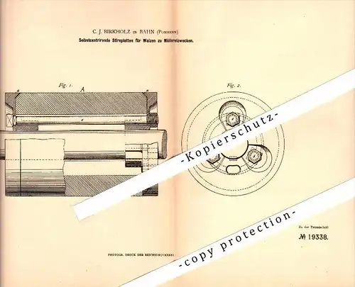 Original Patent - C.J. Birkholz in Bahn / Banie i. Pommern , 1882 , Walzen für Mühlen , Windmühle !!!