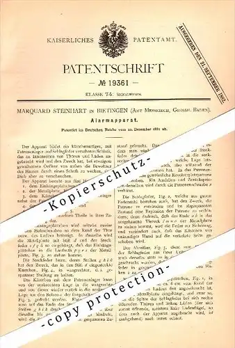 Original Patent - Marquard Steinhart in Bietingen , Amt Meßkirch , 1881 , Alarmapparat  , Sauldorf !!!
