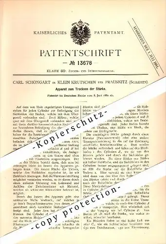 Original Patent - Carl Schöngart in Klein Krutschen b. Prausnitz / Prusice , 1880 , Apparat für Zuckerfabrik , Schlesien