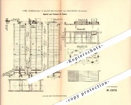 Original Patent - Carl Schöngart in Klein Krutschen b. Prausnitz / Prusice , 1880 , Apparat für Zuckerfabrik , Schlesien