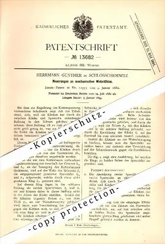 Original Patent - Herrmann Günther in Schloßchemnitz b. Chemnitz , 1880 , mechanische Webstühle , Weberei !!!