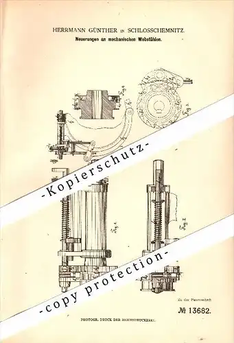 Original Patent - Herrmann Günther in Schloßchemnitz b. Chemnitz , 1880 , mechanische Webstühle , Weberei !!!