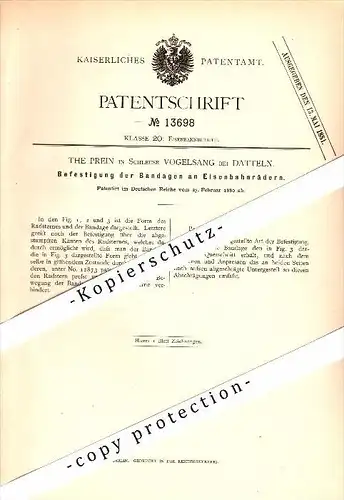 Original Patent - The Prein in Schleuse Vogelsang b. Datteln , 1880 , Bandage für Eisenbahnräder , Eisenbahn !!!