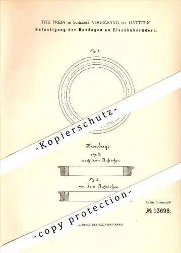 Original Patent - The Prein in Schleuse Vogelsang b. Datteln , 1880 , Bandage für Eisenbahnräder , Eisenbahn !!!
