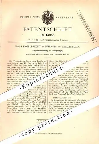 Original Patent - Hans Engelbrecht in Ufhoven b. Bad Langensalza , 1880 , Reguliervorrichtung an Sprengwagen !!!