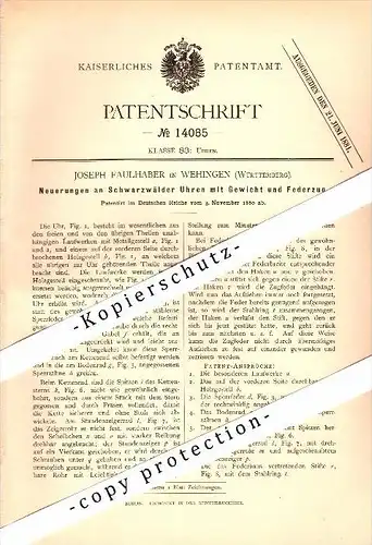 Original Patent - Joseph Faulhaber in Wehingen , 1880 , Schwarzwälder Uhren mit Gewicht und Federzug !!!
