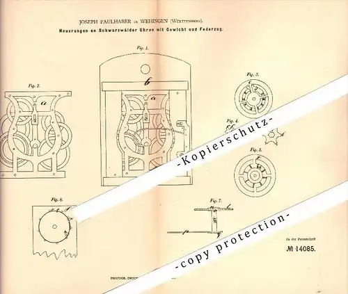 Original Patent - Joseph Faulhaber in Wehingen , 1880 , Schwarzwälder Uhren mit Gewicht und Federzug !!!