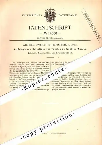 Original Patent - Wilhelm Dartsch in Friedeberg am Queis / Mirsk , 1880 , Befestigen von Tapeten !!!