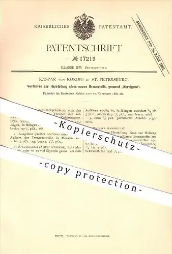 original Patent - Kaspar von Kordig in St. Petersburg , 1880 , Herstellung des neuen Brennstoffs Kordigene , Russland !!