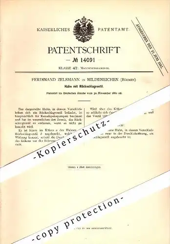 Original Patent - F. Zelsmann in Mildeneichen / Luzec b. Raspenau / Raspenava , 1880 , Hahn mit Ventil , Maschinenbau