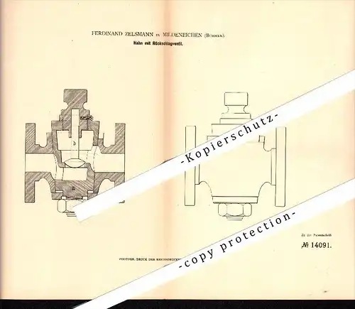 Original Patent - F. Zelsmann in Mildeneichen / Luzec b. Raspenau / Raspenava , 1880 , Hahn mit Ventil , Maschinenbau