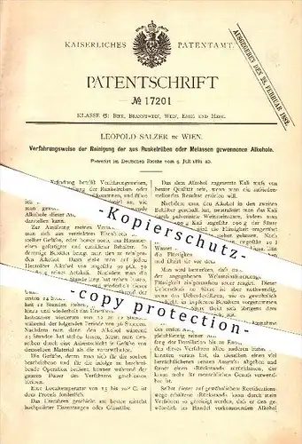 original Patent - Leopold Salzer in Wien , 1881 , Reinigung der aus Runkelrüben oder Melassen gewonnenen Alkohole !!!