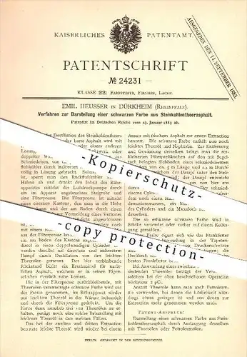 original Patent - Emil Heusser in Dürkheim , 1883 , Darstellung einer schwarzen Farbe aus Steinkohlenteerasphalt !!!