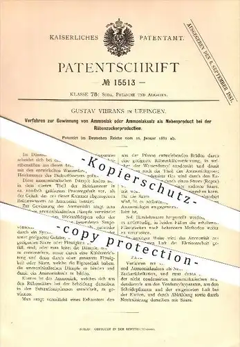 original Patent - Gustav Vibrans in Üfingen b. Salzgitter , 1881 , Gewinnung von Ammoniak bei Rübenzuckerproduktion