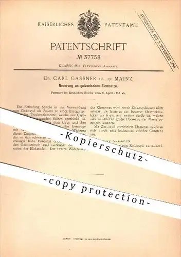 original Patent - Dr. Carl Gassner Jr. in Mainz , 1886 , Neuerung an galvanischen Elementen !!!