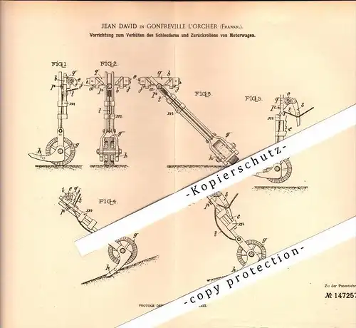 Original Patent - Jean David in Gonfreville-l’Orcher , 1902 , Apparatus against skidding of motor vehicles , automobile