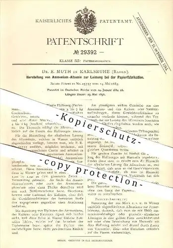 original Patent - Dr. E. Muth in Karlsruhe , 1883 , Herstellung von Ammonium-Albumin zur Papierfabrikation !!!