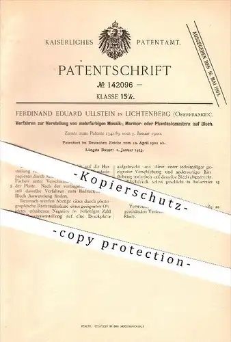 original Patent - Ferdinand E. Ullstein in Lichtenberg i. Bayern , 1902 , Mosaik- oder Marmormustern auf Blech !