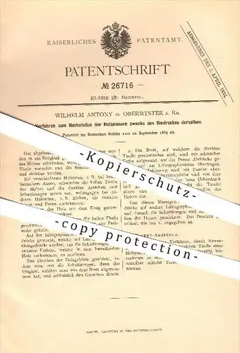 original Patent - Wilhelm Antony in Oberwinter b. Remagen a. Rh. , 1883 ,  Hochstellen der Holzmasern , Buchdruck !!!